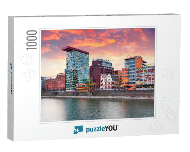 Colorful Spring Sunset on Rhine River in Dusseldorf. Medi... Jigsaw Puzzle with 1000 pieces