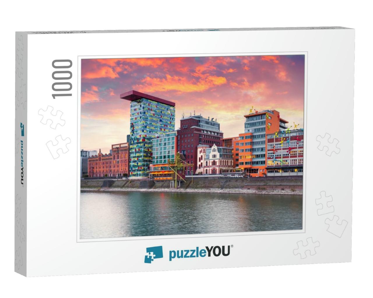 Colorful Spring Sunset on Rhine River in Dusseldorf. Medi... Jigsaw Puzzle with 1000 pieces