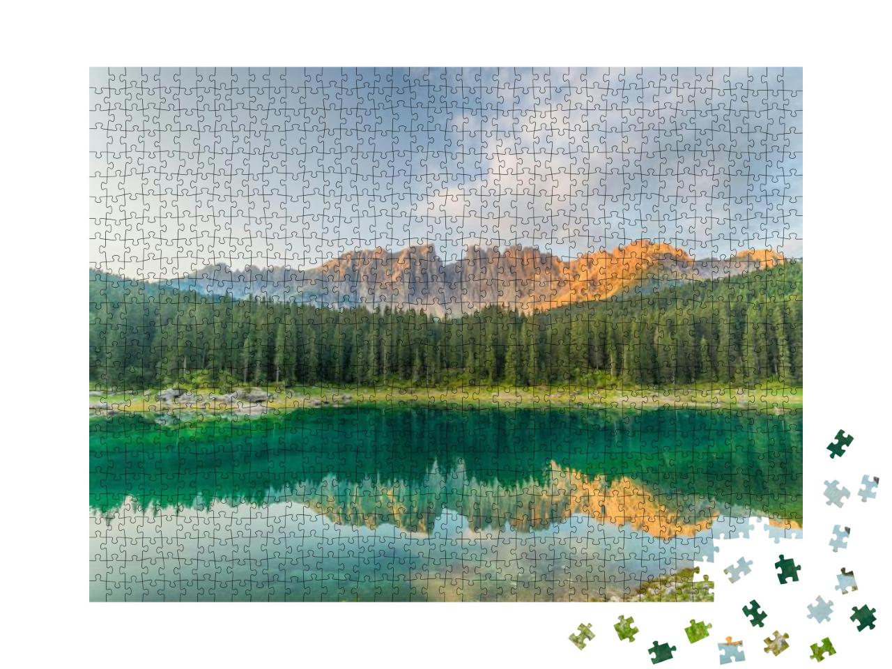 Crystal Water of Lake Carezza Karersee in Dolomite Alps... Jigsaw Puzzle with 1000 pieces