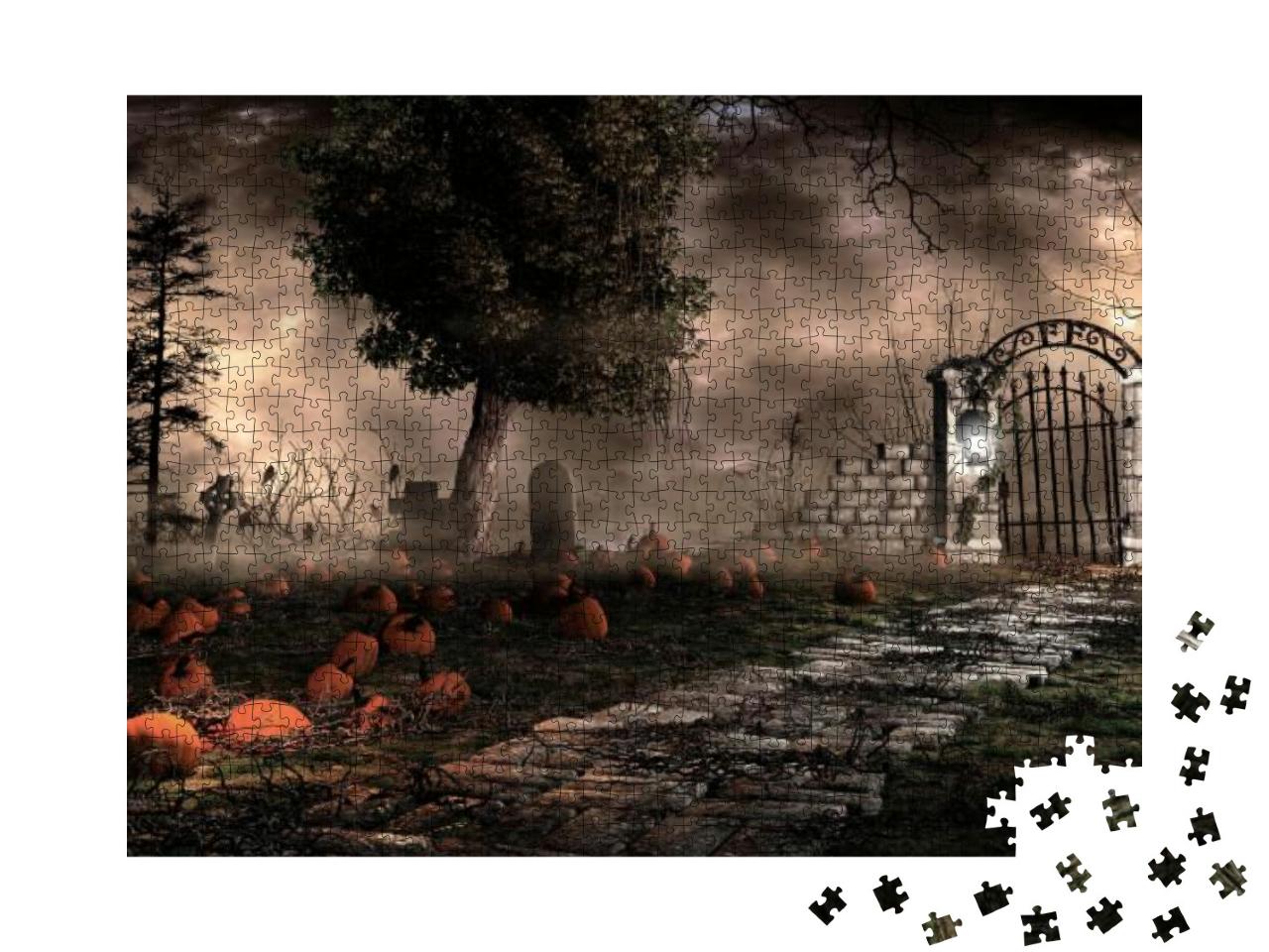 Gothic Landscape with Pumpkins & Tombstones. 3D Illustrat... Jigsaw Puzzle with 1000 pieces