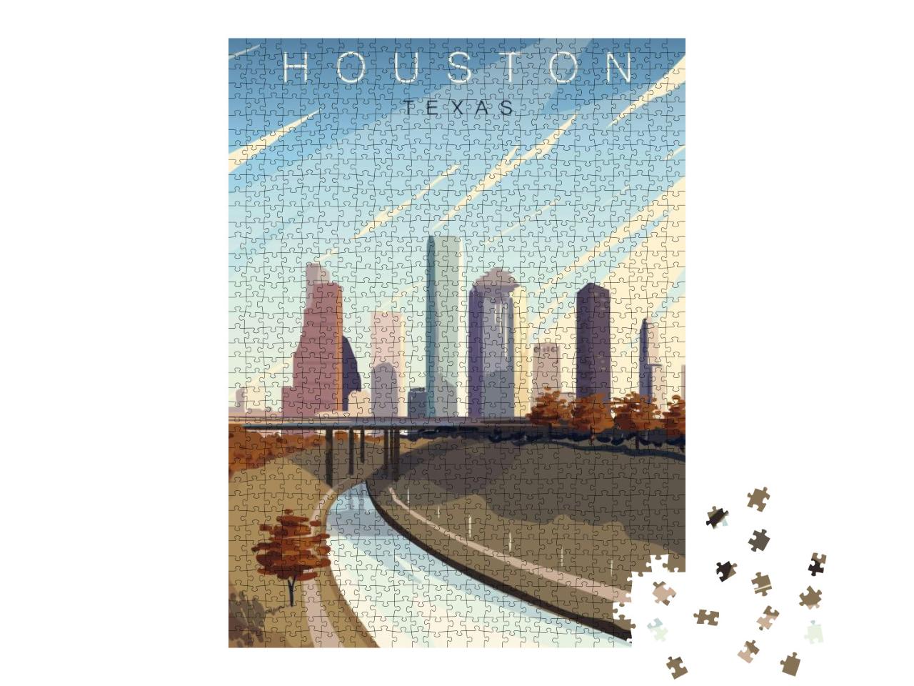 Houston Modern Vector Poster. Houston, Texas Landscape Il... Jigsaw Puzzle with 1000 pieces