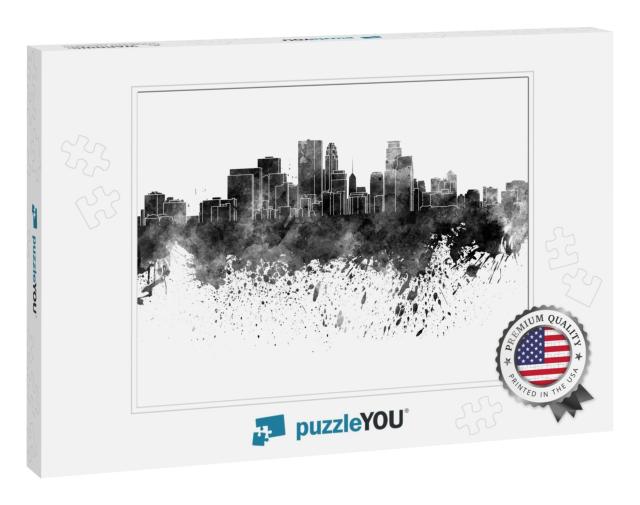 Minneapolis Skyline in Black Watercolor on White Backgrou... Jigsaw Puzzle