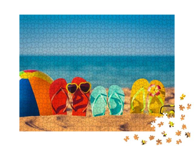 Flip-Flops, Beach Ball & Snorkel on the Sand. Summer Vaca... Jigsaw Puzzle with 1000 pieces
