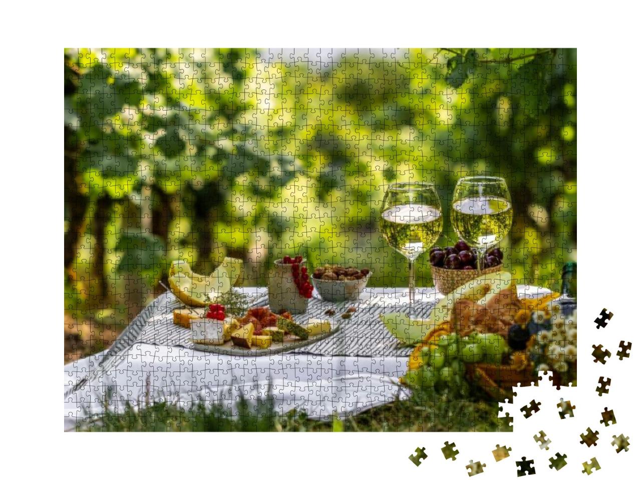 Picnic with Glasses of White Wine on a Vineyard. Two Glas... Jigsaw Puzzle with 1000 pieces