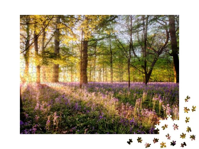 Amazing Sunrise Through Bluebell Woodland. Wild Spring Fl... Jigsaw Puzzle with 1000 pieces