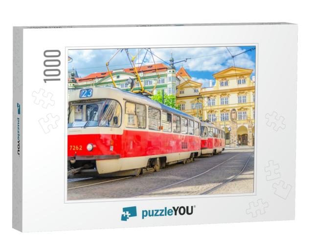Typical Old Retro Vintage Tram on Tracks Near Tram Stop i... Jigsaw Puzzle with 1000 pieces
