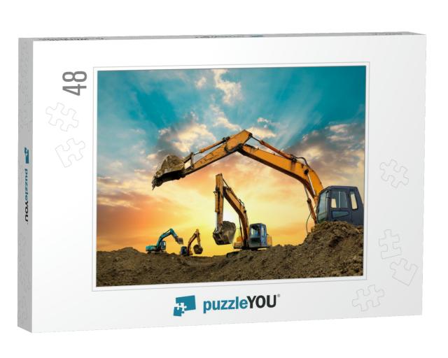 Four Excavators Work on Construction Site At Sunset... Jigsaw Puzzle with 48 pieces