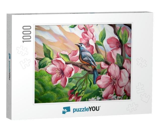 Sakura Branch Blooming with a Bird, Acrylic Painting... Jigsaw Puzzle with 1000 pieces