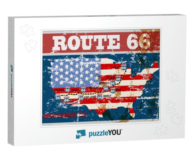 Grungy Route Sixty Six Road Map, Retro Grungy Vector Illu... Jigsaw Puzzle