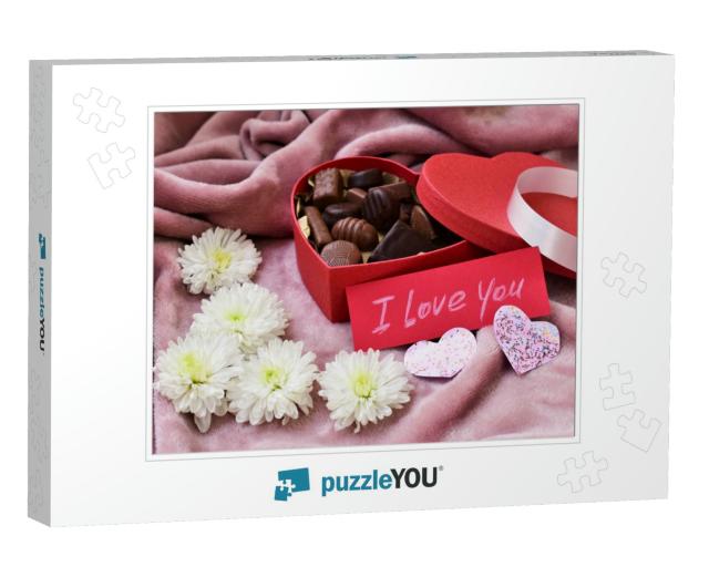 Chocolate Candies in the Red Heart Shaped Box, White Natu... Jigsaw Puzzle