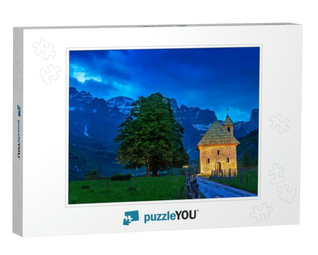 Church in the Thethi Village & Snow Capped Mountains, At... Jigsaw Puzzle
