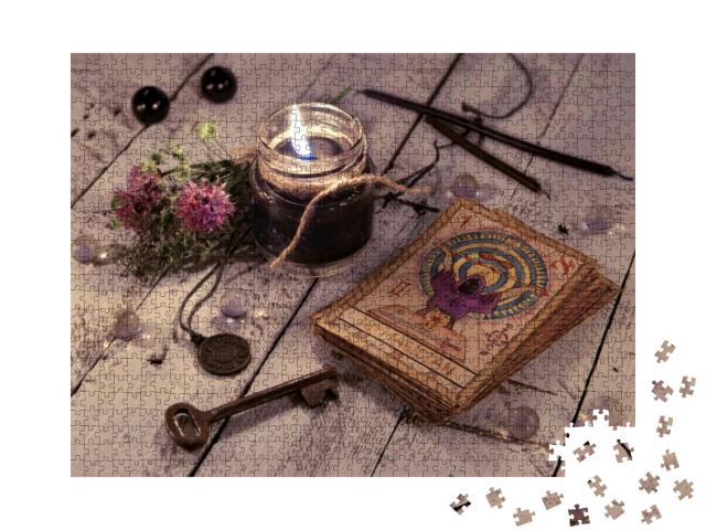 Black Candle & Old Tarot Cards on Wooden Planks... Jigsaw Puzzle with 1000 pieces