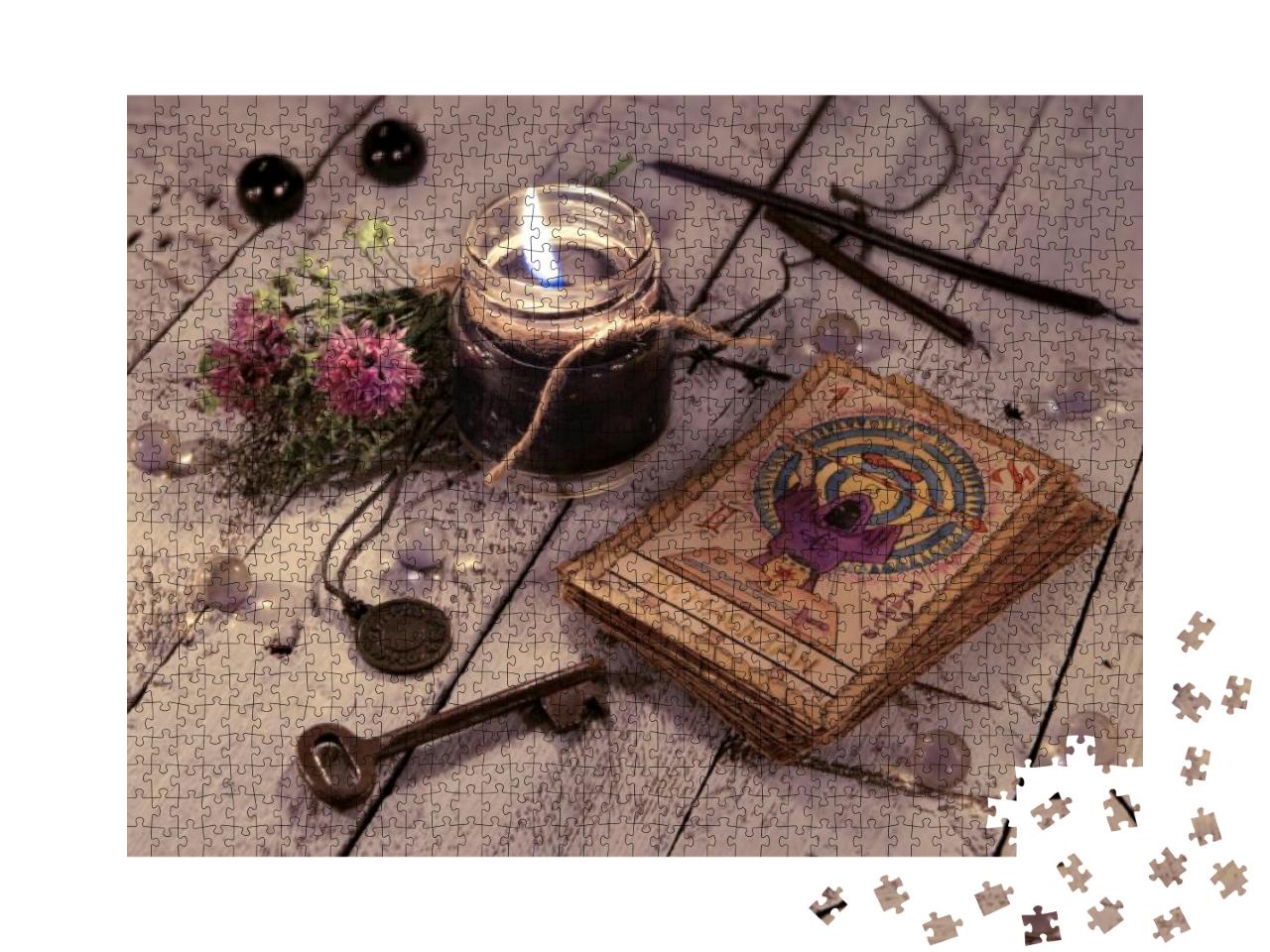 Black Candle & Old Tarot Cards on Wooden Planks... Jigsaw Puzzle with 1000 pieces