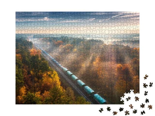 Aerial View of Freight Train & Beautiful Forest in Fog At... Jigsaw Puzzle with 1000 pieces