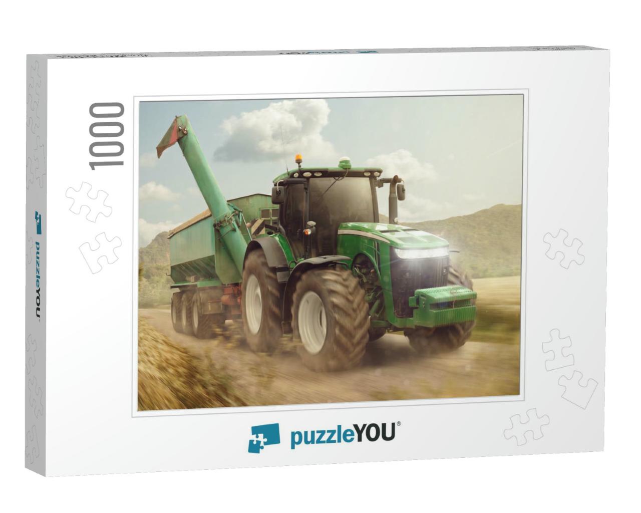 Tractor with a Trailer Driving on a Dirt Road Next to a G... Jigsaw Puzzle with 1000 pieces