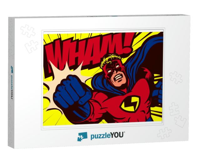 Pop Art Comic Book Style Superhero Punching Vector Poster... Jigsaw Puzzle