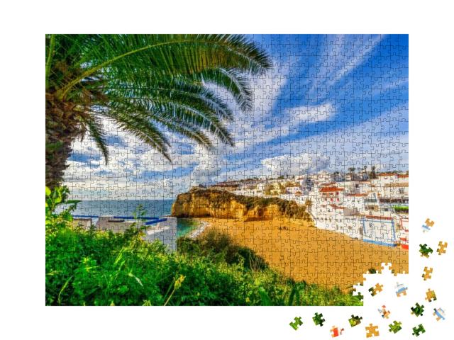 Sandy Beach Surrounded by Cliffs with Palm Trees & White... Jigsaw Puzzle with 1000 pieces