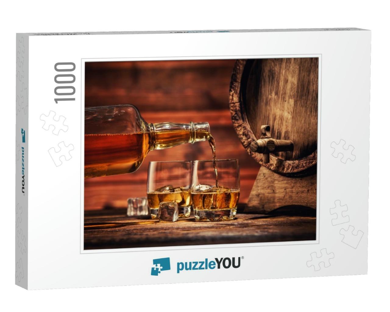 Pouring Whiskey from Bottle to Two Glasses with Ice Cubes... Jigsaw Puzzle with 1000 pieces