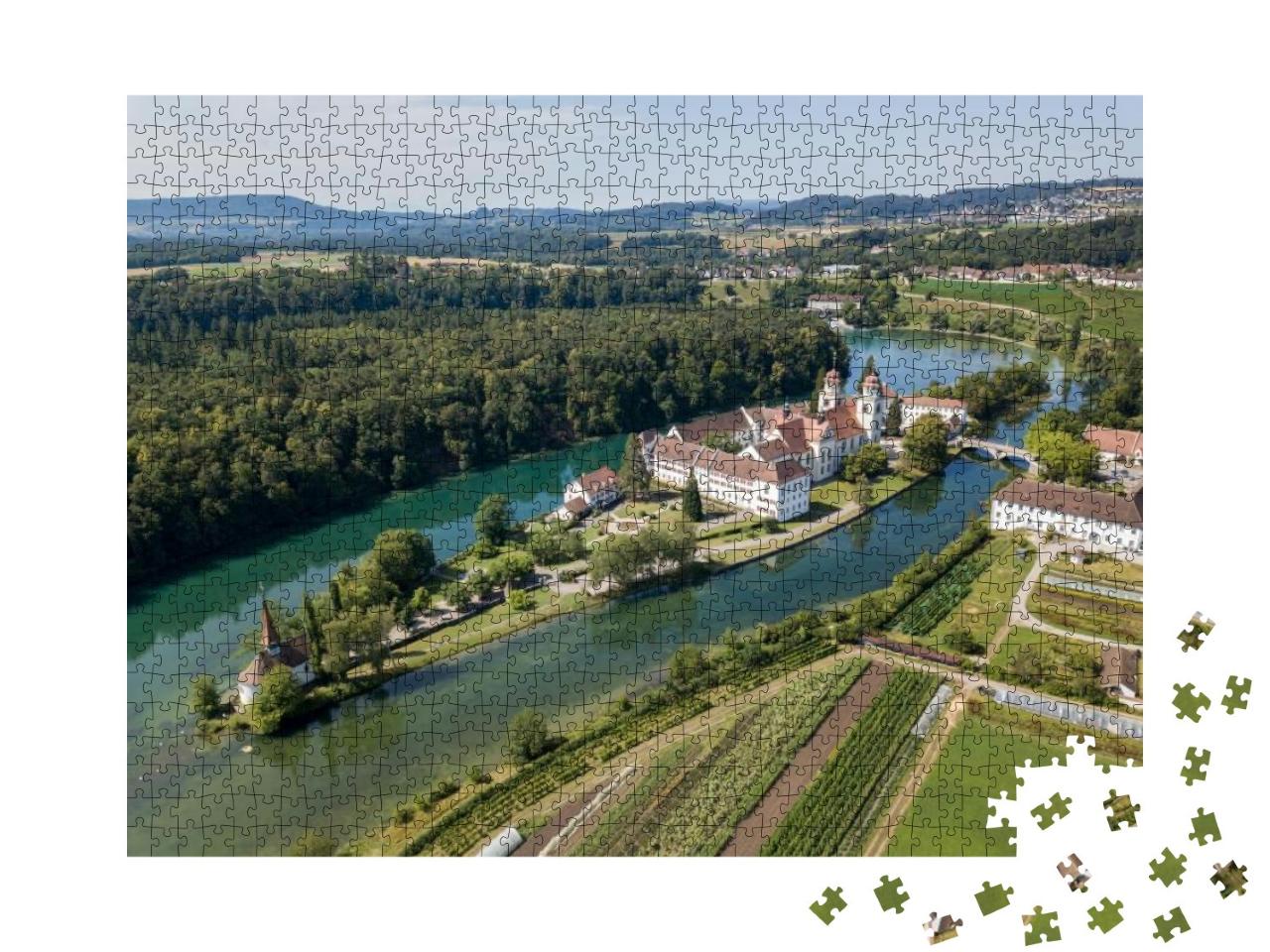 Aerial View of the Rheinau Abbey Islet on Rhine River, Sw... Jigsaw Puzzle with 1000 pieces