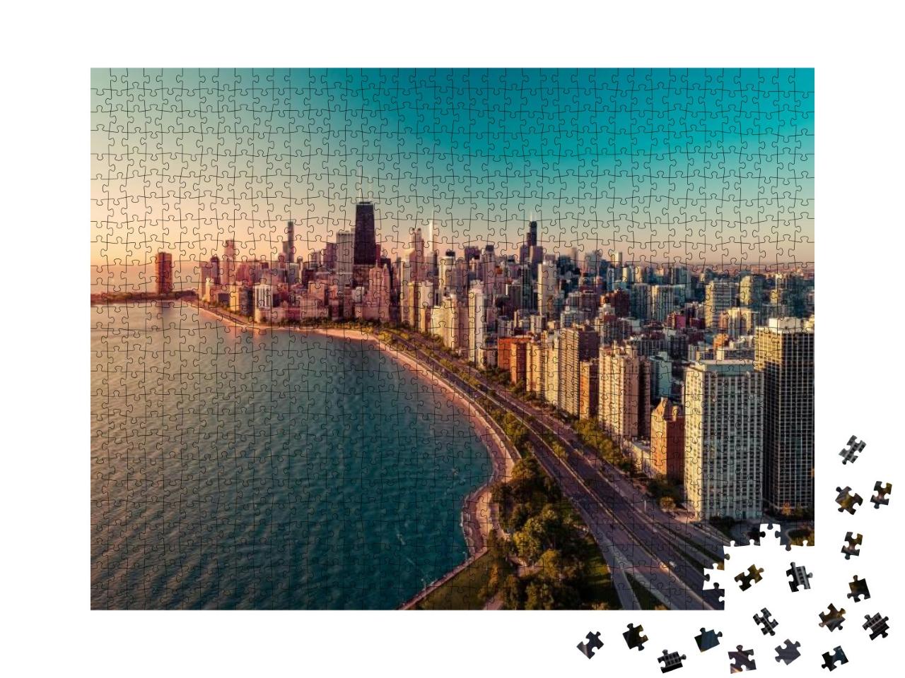 Chicago Skyline Aerial View with Sunrise Above Downtown B... Jigsaw Puzzle with 1000 pieces