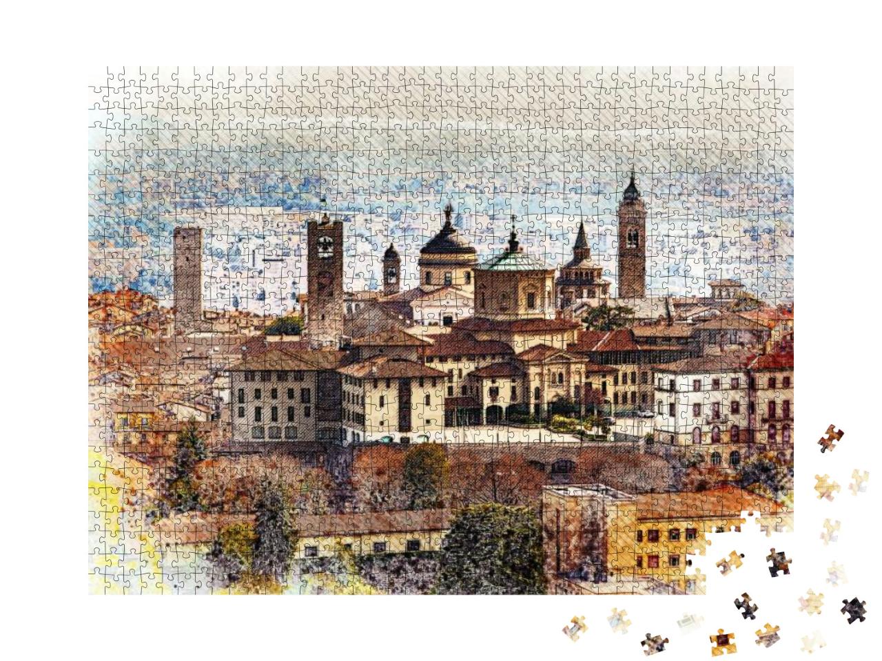 Panoramic View on Upper Old City Citta Alta in Bergamo wi... Jigsaw Puzzle with 1000 pieces