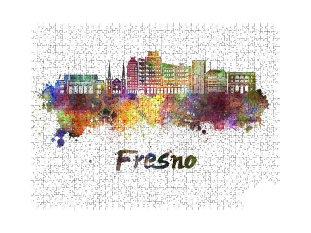 Fresno Skyline in Watercolor Splatters with Clipping Path... Jigsaw Puzzle with 1000 pieces