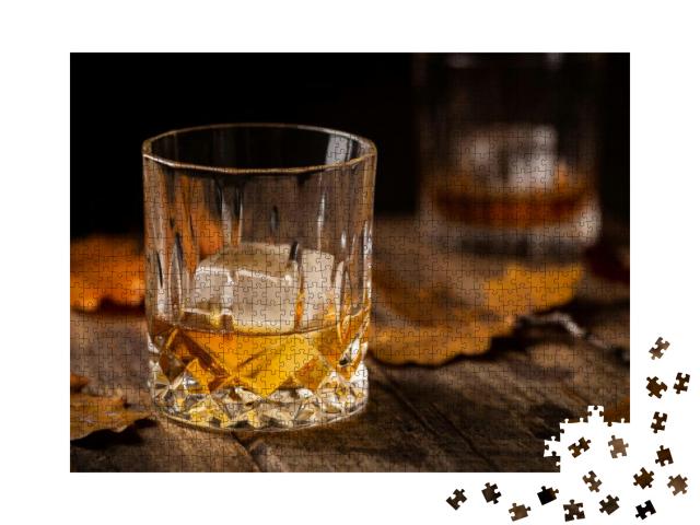 Glass of Scotch Whiskey & Ice on Wooden Background with A... Jigsaw Puzzle with 1000 pieces