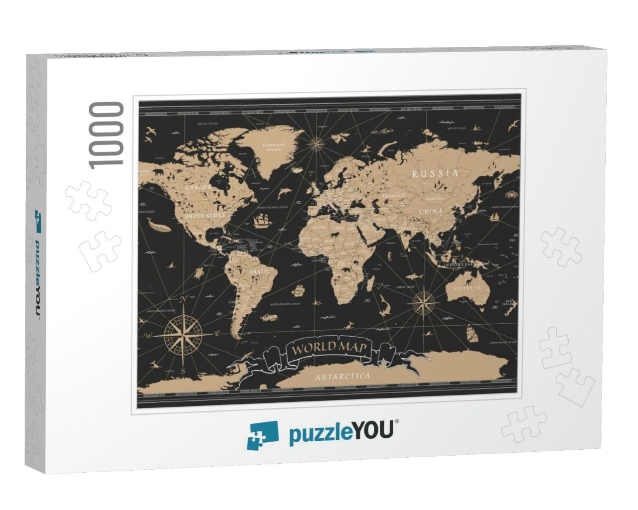 World Map Vintage Black Golden Detailed - Vector... Jigsaw Puzzle with 1000 pieces