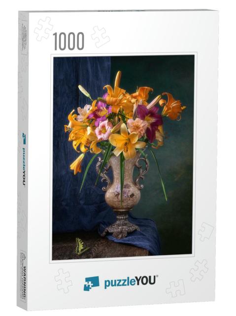 Still Life with Yellow Lily & Day Lily Flowers... Jigsaw Puzzle with 1000 pieces