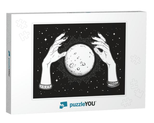 Hand Drawn Full Moon with Rays of Light in Hands O... Jigsaw Puzzle