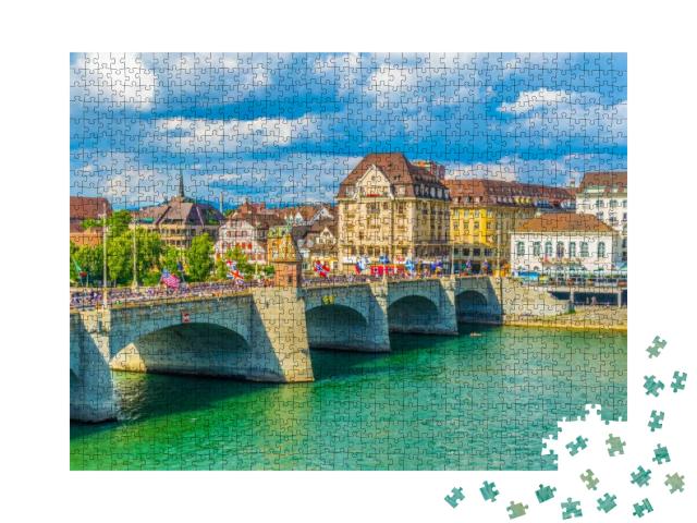 Riverside of Rhine in Basel with Mittlere Brucke, Switzer... Jigsaw Puzzle with 1000 pieces