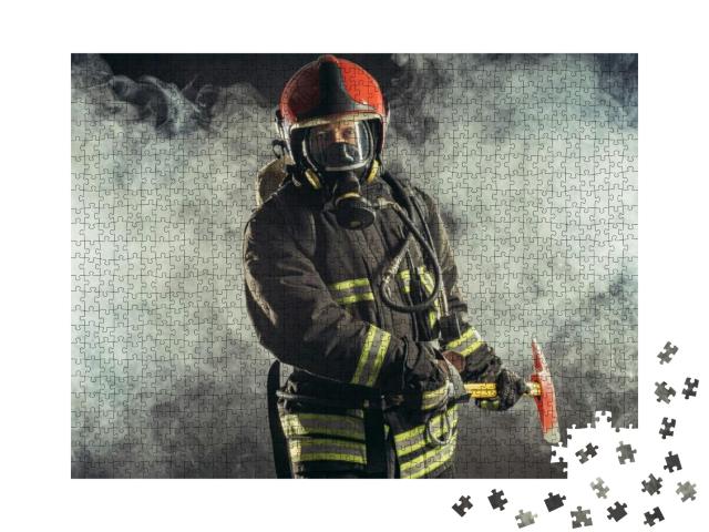 Portrait of Serious & Confident Caucasian Fireman Stand H... Jigsaw Puzzle with 1000 pieces