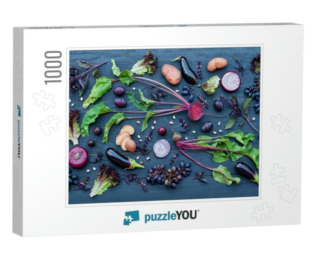 Collection of Fresh Purple Fruit & Vegetables on the Blac... Jigsaw Puzzle with 1000 pieces