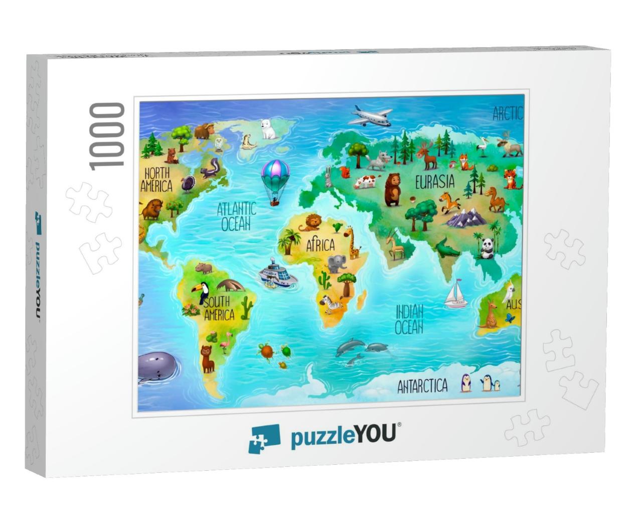Children's World Map with Mainland Fauna... Jigsaw Puzzle with 1000 pieces