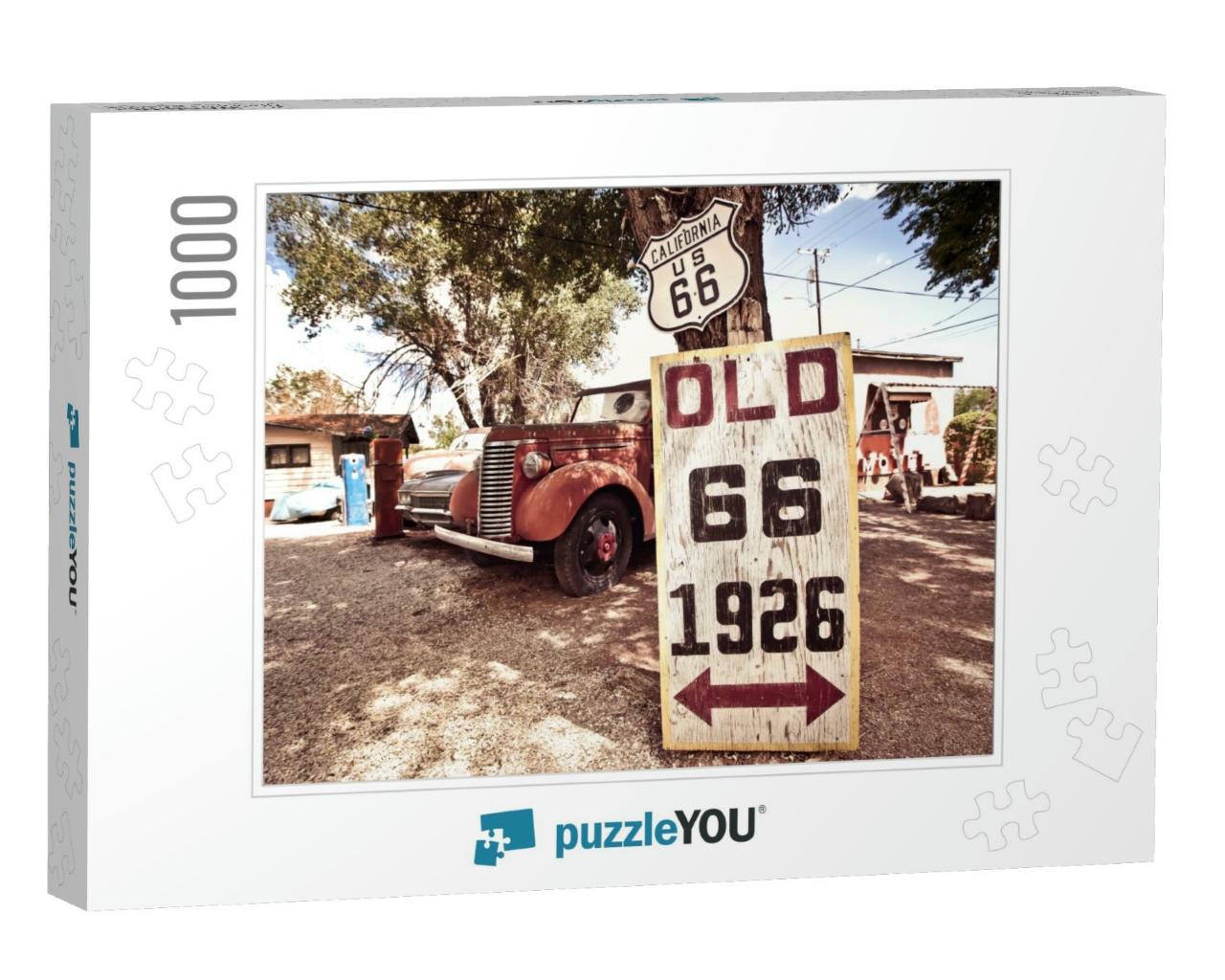 Old Route 66 Signs with Rusty Cars in Background... Jigsaw Puzzle with 1000 pieces
