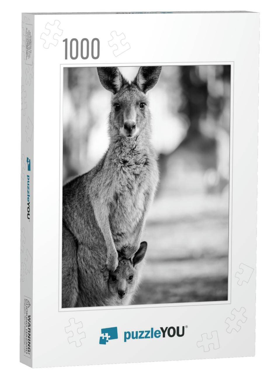 Black & White Close Up Shot of a Kangaroo with Her Baby J... Jigsaw Puzzle with 1000 pieces