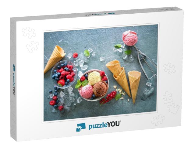 Various Varieties of Ice Cream in Bowl with Mint, Berries... Jigsaw Puzzle