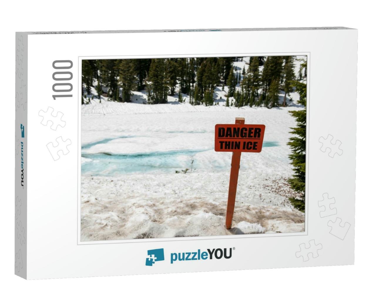 Danger Thin Ice Sign Next to a Frozen Pond in Lassen Nati... Jigsaw Puzzle with 1000 pieces