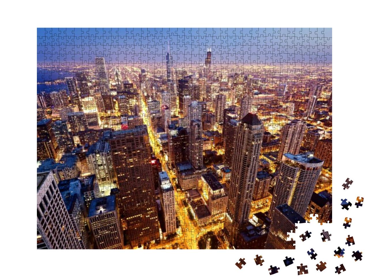 City of Chicago. Aerial View of Chicago Downtown At Twili... Jigsaw Puzzle with 1000 pieces