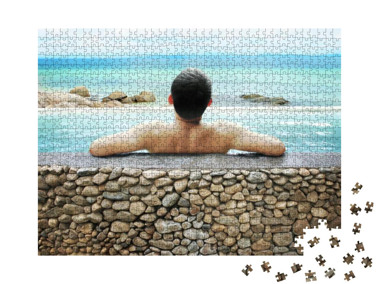 Asian Man Soaking in Outdoor Pool with Sky... Jigsaw Puzzle with 1000 pieces