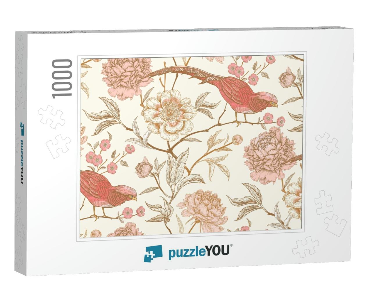 Peonies & Pheasants. Floral Vintage Seamless Pattern with... Jigsaw Puzzle with 1000 pieces