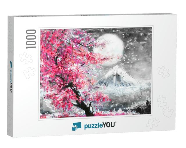 Oil Painting Landscape with Sakura & Mountain, Hand Drawn... Jigsaw Puzzle with 1000 pieces