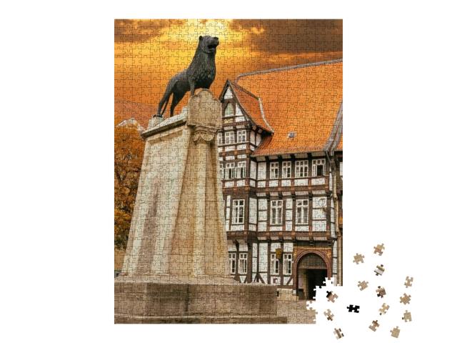 Lion Statue & Old Timbered House in Braunschweig, Germany... Jigsaw Puzzle with 1000 pieces