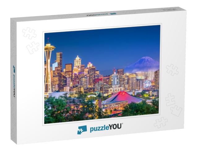 Seattle, Washington, USA Downtown Skyline At Night with Mt... Jigsaw Puzzle