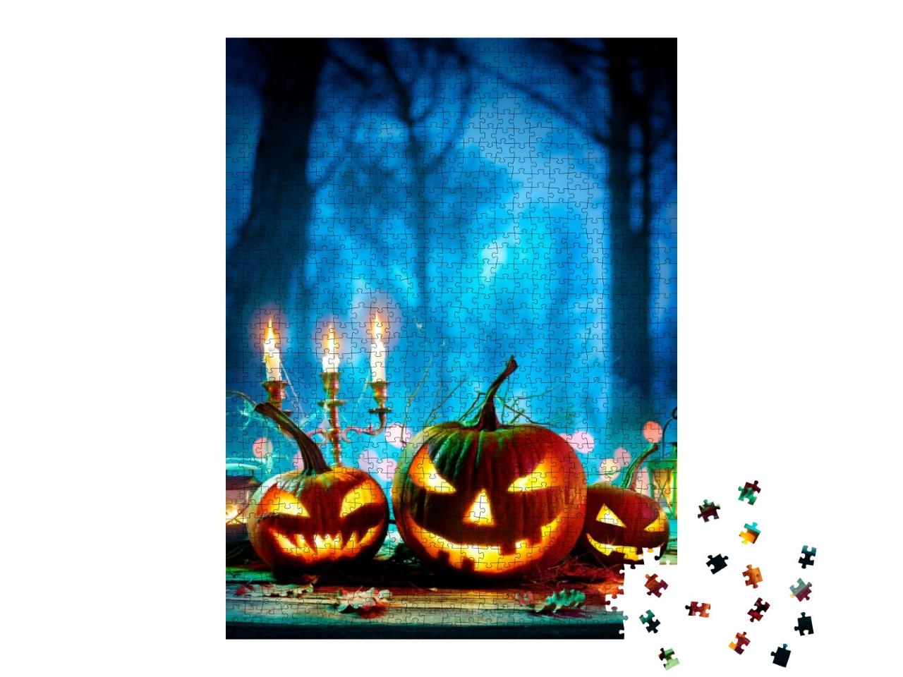 Halloween Pumpkin with Lantern & Candelabrum on Table At... Jigsaw Puzzle with 1000 pieces