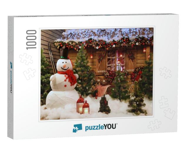 New Years Photo Zone with a Snowman At the House. Decor T... Jigsaw Puzzle with 1000 pieces