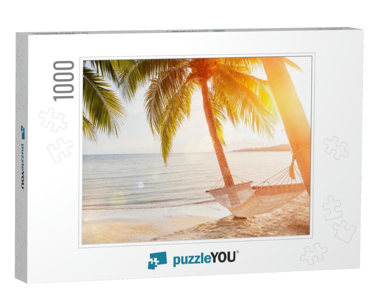 Hammock on a Palm Tree Sunset Glare of the Sun Sea Ocean... Jigsaw Puzzle with 1000 pieces