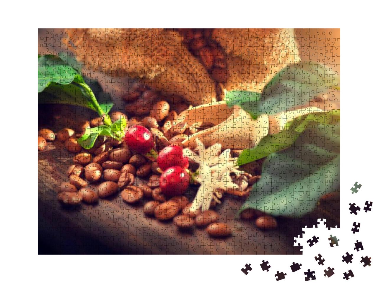 Coffee Beans with Real Coffee Fruits, Flowers & Leaves on... Jigsaw Puzzle with 1000 pieces