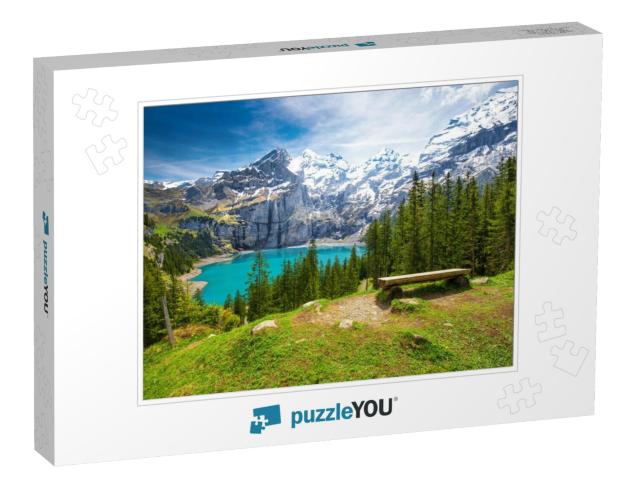 Amazing Turquoise Oeschinnensee with Waterfalls & Swiss A... Jigsaw Puzzle