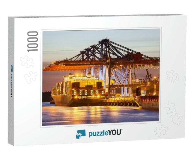 Docked Container Ship in Harbor At Dusk... Jigsaw Puzzle with 1000 pieces